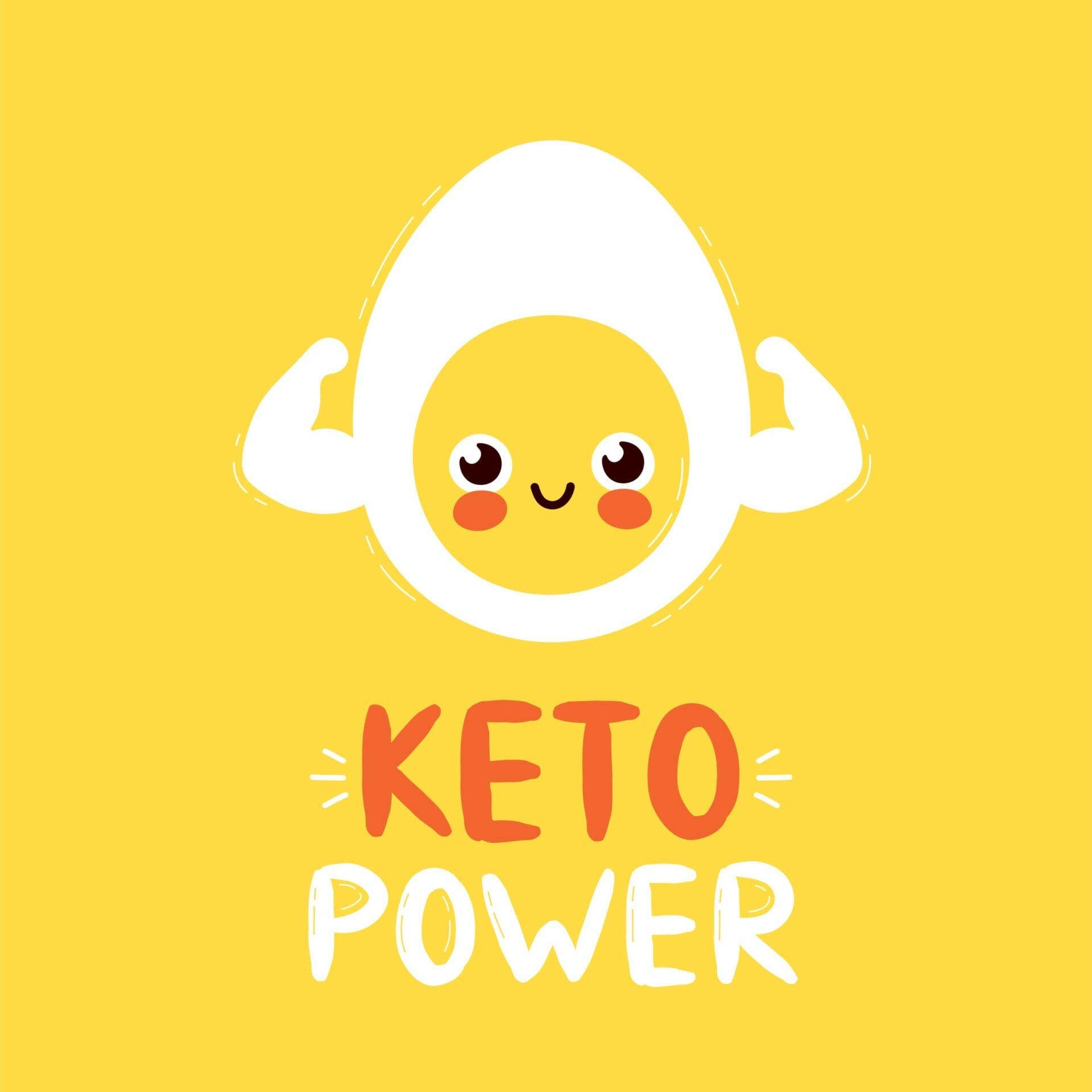 Cute strong smiling happy egg show muscle biceps. Keto power card design.Vector flat cartoon character illustration icon design. Isolated on white background.Egg character concept
