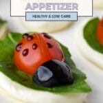 Creative ladybug-themed caprese salad appetizer.