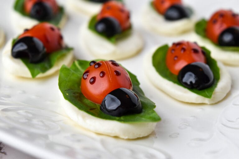 Ladybug-themed appetizers on a white plate.