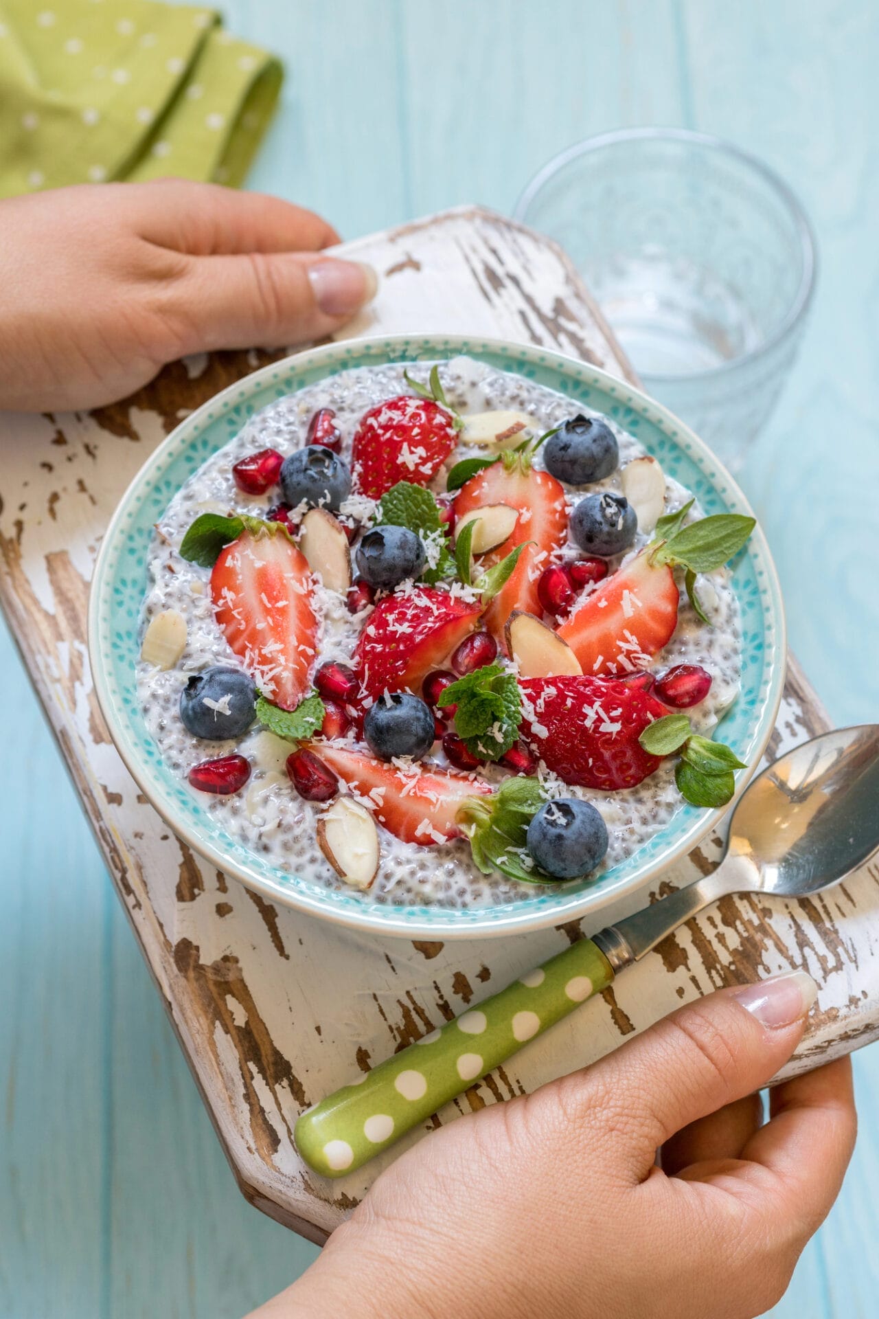Chia pudding with fresh berries and almonds.