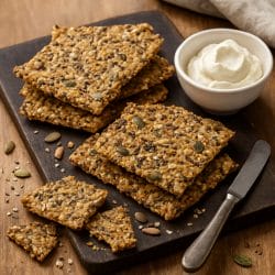 keto seed crackers close up with silver knife